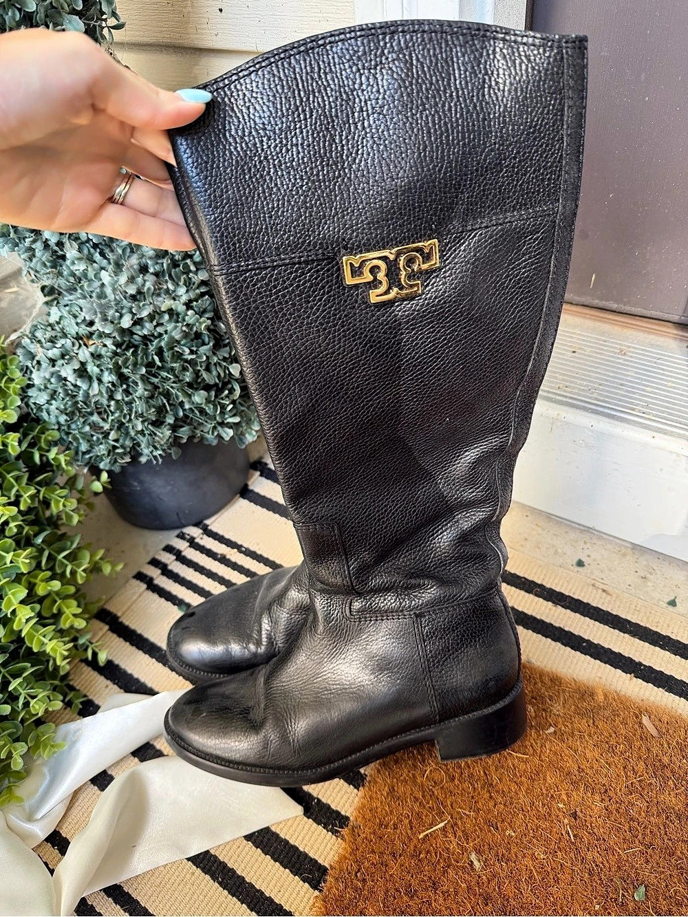 Tory Burch Turnlock Riding Boot Black Leather Boots